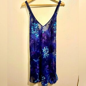 Vintage Angelique Purple & Blue Sheer Chiffon Floral Negligee Lingerie Slip Dres